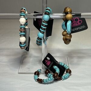 Paparazzi Jewelry Bracelets Lot Of 4 NWT Turquoise Wood Beads Aqua Copper Rustic